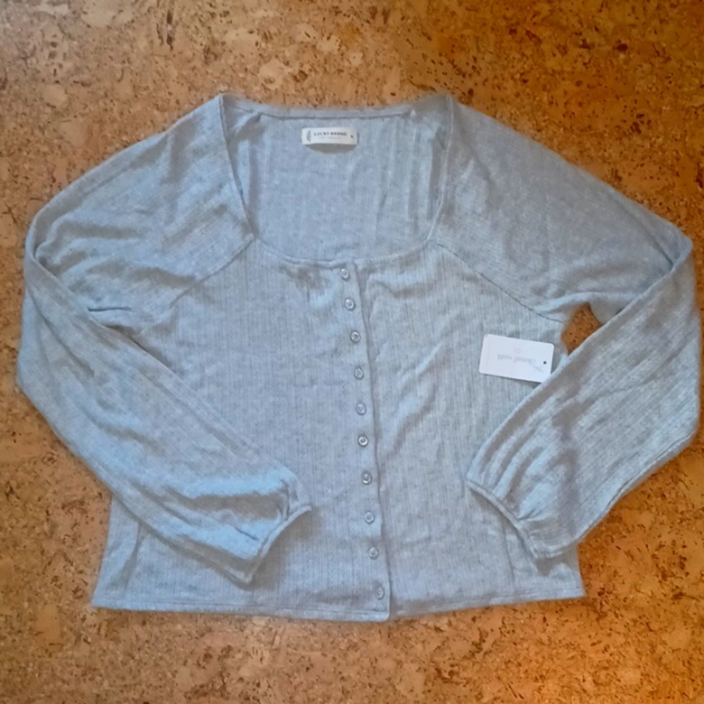 Lucky Gray Pointelle Knit Long Sleeved Button Top Size XL NWT